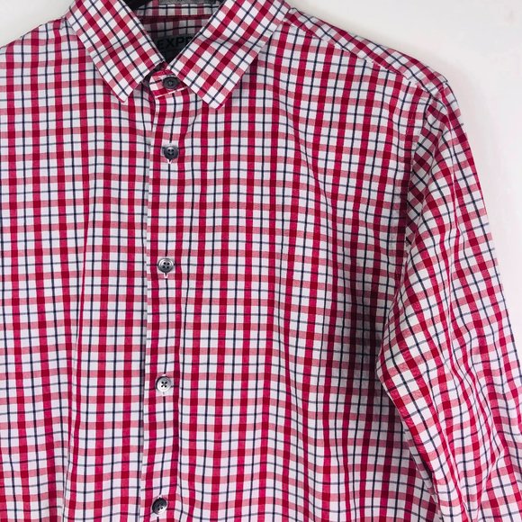 LOT Bundle (2) Express Fitted Mens Medium 15 15.5  Plaid Solid Red Black - Picture 4 of 6